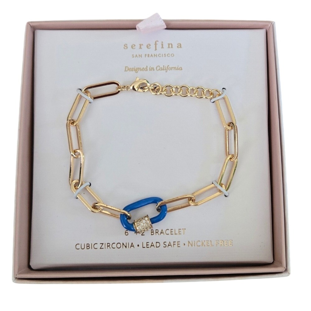 Serefina Bracelet Gold Blue New Cubic Zirconia Paperclip Link Chain